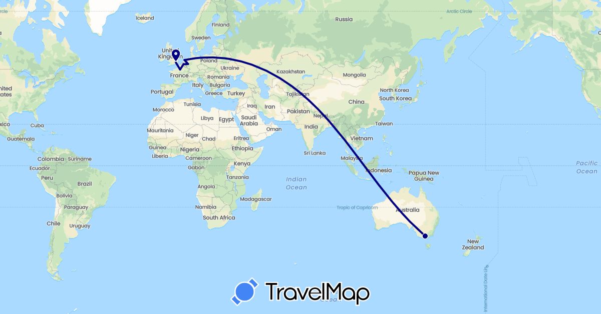 TravelMap itinerary: driving in Australia, Belgium, Germany, France, United Kingdom, Netherlands (Europe, Oceania)